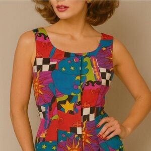 Colorful 100% Sild Abstract Vintage Sleeveless Midi Dress